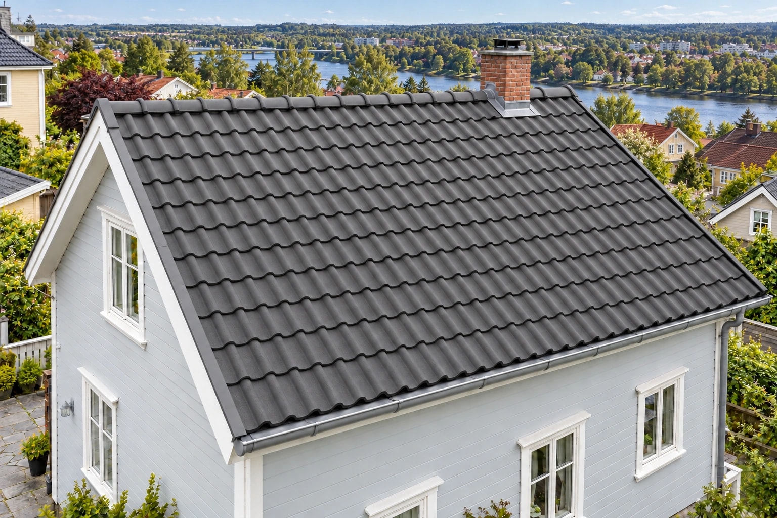 Illustrasjon av huset med ny takstein og nye beslag
